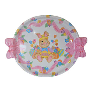 Vintage Easter Bunny Tray Plastic Bow Handles Pastel Spring Serving Plate USA